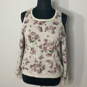 NO COMMENT PLUS NY LA FLORAL AND GREY SWEATER WITH COLD SHOULDER PLUS SIZE 1X